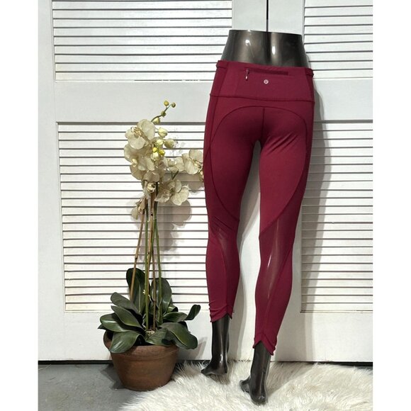 Lululemon Athletica Women's Burgundy Mid-Rise Mesh Panel Leggings Size 10 3086 - Picture 4 of 10